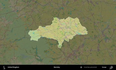 Barnsley. Birleşik Krallık 'ın idari alanı karanlık bir OpenStreetMap İnsani Haritası biçiminde vurgulanmış ve özetlenmiştir