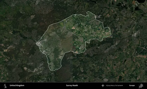 Surrey Heath. Birleşik Krallık 'ın idari alanı karartılmış bir uydu üzerinde vurgulanmış ve özetlenmiştir.