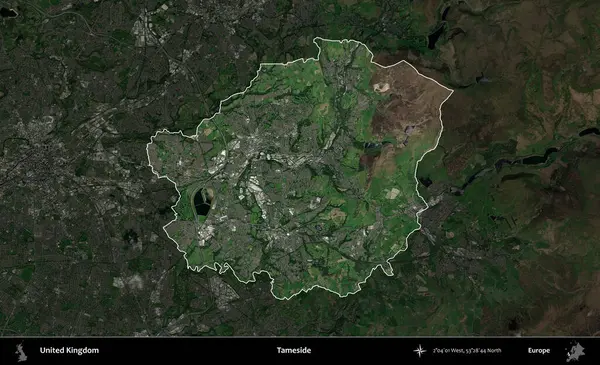 Tameside 'da. Birleşik Krallık 'ın idari alanı karartılmış bir uydu üzerinde vurgulanmış ve özetlenmiştir.