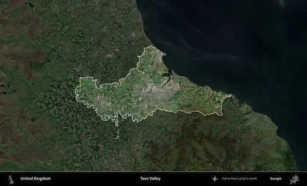 Tees Valley 'de. Birleşik Krallık 'ın idari alanı karartılmış bir uydu üzerinde vurgulanmış ve özetlenmiştir.