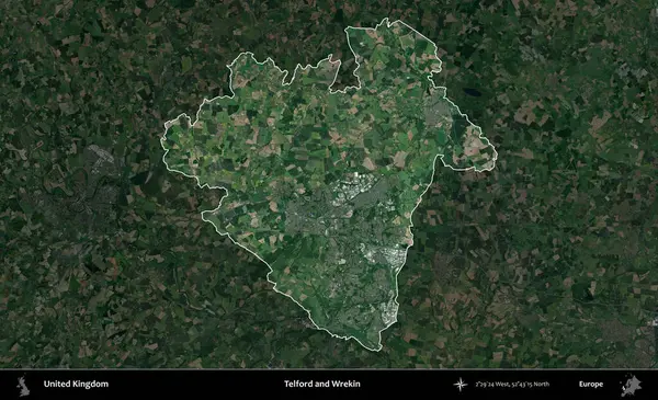 Telford ve Wrekin. Birleşik Krallık 'ın idari alanı karartılmış bir uydu üzerinde vurgulanmış ve özetlenmiştir.