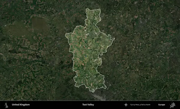 Test vadisi. Birleşik Krallık 'ın idari alanı karartılmış bir uydu üzerinde vurgulanmış ve özetlenmiştir.