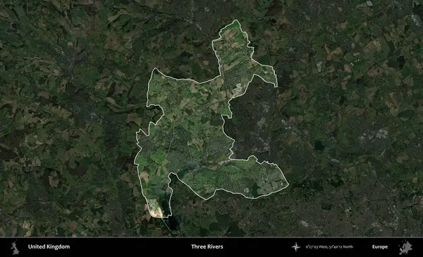 Üç Nehir. Birleşik Krallık 'ın idari alanı karartılmış bir uydu üzerinde vurgulanmış ve özetlenmiştir.
