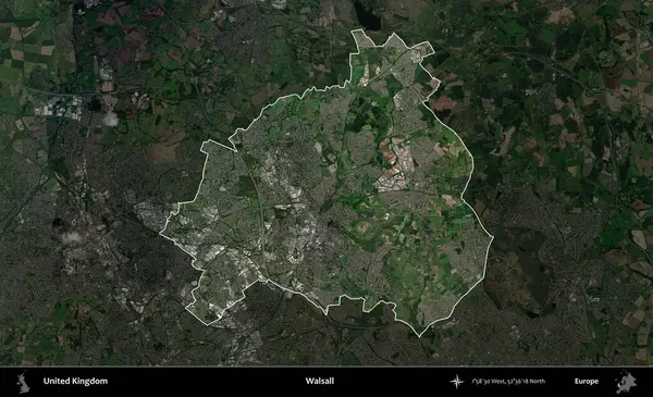 Walsall. Birleşik Krallık 'ın idari alanı karartılmış bir uydu üzerinde vurgulanmış ve özetlenmiştir.