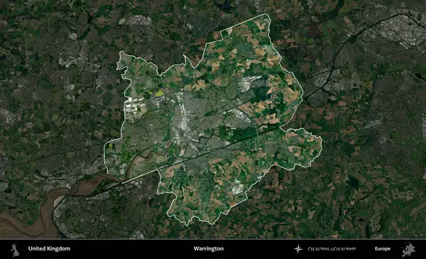 Warrington. Birleşik Krallık 'ın idari alanı karartılmış bir uydu üzerinde vurgulanmış ve özetlenmiştir.