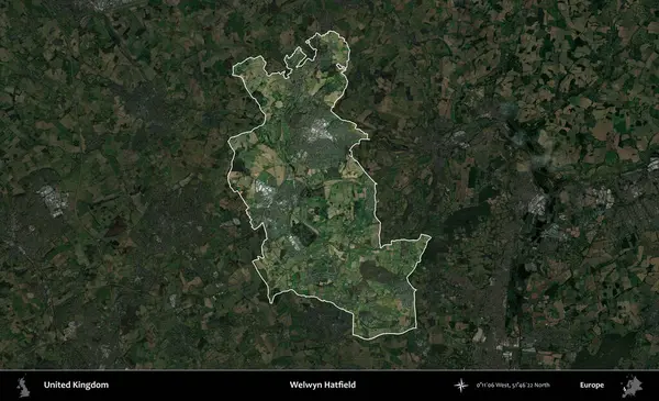 Welwyn Hatfield. Birleşik Krallık 'ın idari alanı karartılmış bir uydu üzerinde vurgulanmış ve özetlenmiştir.