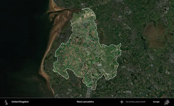 Batı Lancashire. Birleşik Krallık 'ın idari alanı karartılmış bir uydu üzerinde vurgulanmış ve özetlenmiştir.