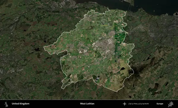 Batı Lothian. Birleşik Krallık 'ın idari alanı karartılmış bir uydu üzerinde vurgulanmış ve özetlenmiştir.