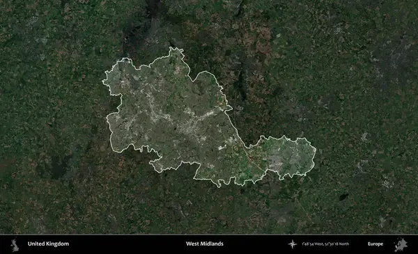 Batı Midlands. Birleşik Krallık 'ın idari alanı karartılmış bir uydu üzerinde vurgulanmış ve özetlenmiştir.