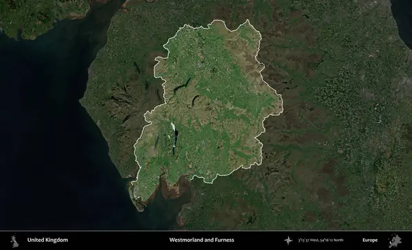 Westmorland ve Furness. Birleşik Krallık 'ın idari alanı karartılmış bir uydu üzerinde vurgulanmış ve özetlenmiştir.