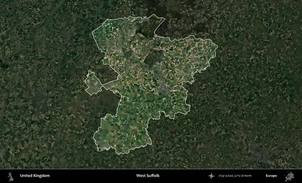 Batı Suffolk. Birleşik Krallık 'ın idari alanı karartılmış bir uydu üzerinde vurgulanmış ve özetlenmiştir.
