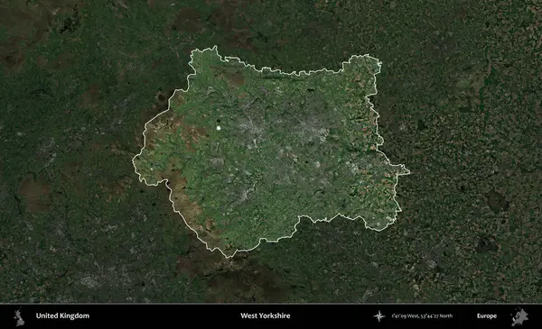 Batı Yorkshire. Birleşik Krallık 'ın idari alanı karartılmış bir uydu üzerinde vurgulanmış ve özetlenmiştir.
