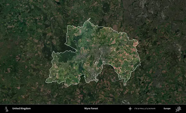 Wyre Ormanı. Birleşik Krallık 'ın idari alanı karartılmış bir uydu üzerinde vurgulanmış ve özetlenmiştir.