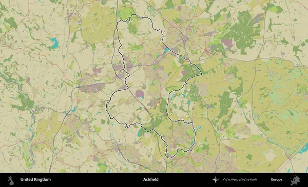 Ashfield. Birleşik Krallık 'ın bir OpenStreetMap İnsani Biçim haritasında özetlenmiş idari alanı
