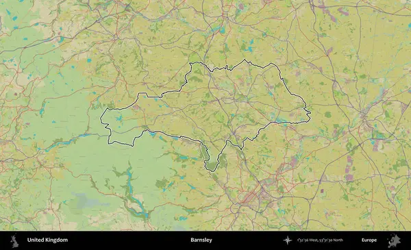 Barnsley. Birleşik Krallık 'ın bir OpenStreetMap İnsani Biçim haritasında özetlenmiş idari alanı
