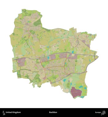 Basildon. Birleşik Krallık 'ın idari alanı bir OpenStreetMap İnsani Harita stili haritasında beyaza izole edildi