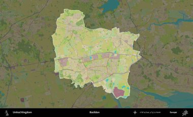 Basildon. Birleşik Krallık 'ın idari alanı karanlık bir OpenStreetMap İnsani Haritası biçiminde vurgulanmış ve özetlenmiştir