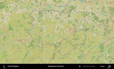 Basingstoke ve Deane. Birleşik Krallık 'ın bir OpenStreetMap İnsani Biçim haritasında özetlenmiş idari alanı