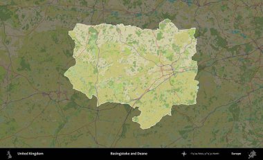Basingstoke ve Deane. Birleşik Krallık 'ın idari alanı karanlık bir OpenStreetMap İnsani Haritası biçiminde vurgulanmış ve özetlenmiştir