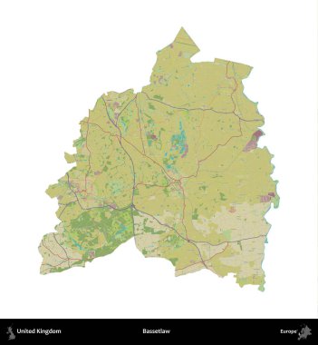 Bassetlaw. Birleşik Krallık 'ın idari alanı bir OpenStreetMap İnsani Harita stili haritasında beyaza izole edildi