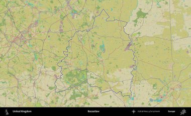 Bassetlaw. Birleşik Krallık 'ın bir OpenStreetMap İnsani Biçim haritasında özetlenmiş idari alanı