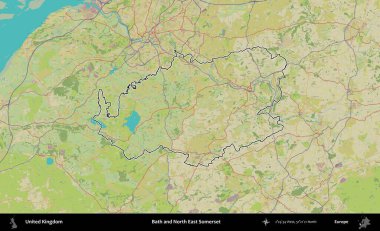 Bath ve Kuzey Doğu Somerset. Birleşik Krallık 'ın bir OpenStreetMap İnsani Biçim haritasında özetlenmiş idari alanı