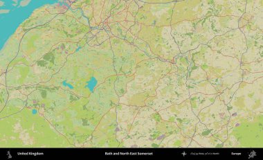 Bath ve Kuzey Doğu Somerset. Birleşik Krallık 'ın idari alanı bir OpenStreetMap İnsani Biçim haritası üzerinde