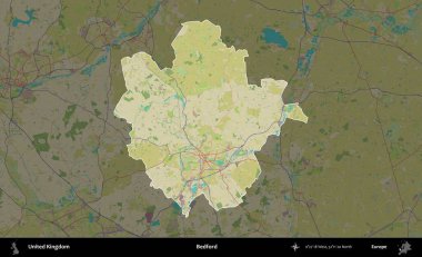 Bedford. Birleşik Krallık 'ın idari alanı karanlık bir OpenStreetMap İnsani Haritası biçiminde vurgulanmış ve özetlenmiştir
