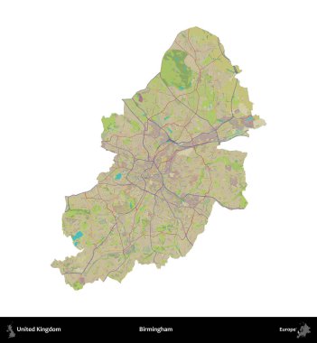 Birmingham. Birleşik Krallık 'ın idari alanı bir OpenStreetMap İnsani Harita stili haritasında beyaza izole edildi