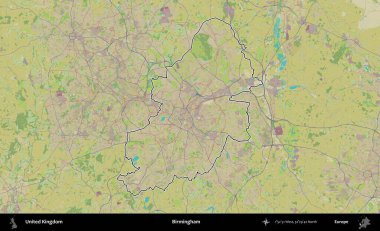 Birmingham. Birleşik Krallık 'ın bir OpenStreetMap İnsani Biçim haritasında özetlenmiş idari alanı