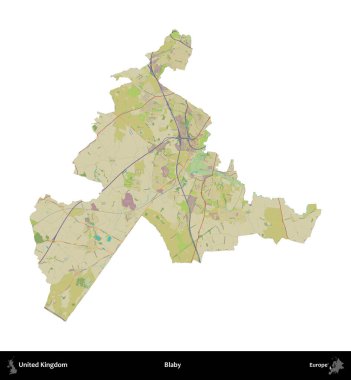 Blaby. Birleşik Krallık 'ın idari alanı bir OpenStreetMap İnsani Harita stili haritasında beyaza izole edildi