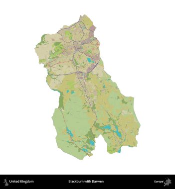 Blackburn ve Darwen. Birleşik Krallık 'ın idari alanı bir OpenStreetMap İnsani Harita stili haritasında beyaza izole edildi