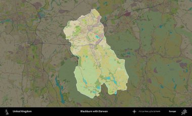 Blackburn ve Darwen. Birleşik Krallık 'ın idari alanı karanlık bir OpenStreetMap İnsani Haritası biçiminde vurgulanmış ve özetlenmiştir