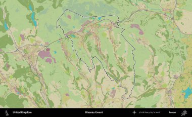 Blaenau Gwent. Birleşik Krallık 'ın bir OpenStreetMap İnsani Biçim haritasında özetlenmiş idari alanı