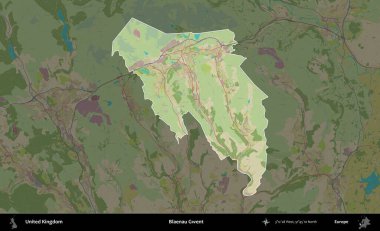 Blaenau Gwent. Birleşik Krallık 'ın idari alanı karanlık bir OpenStreetMap İnsani Haritası biçiminde vurgulanmış ve özetlenmiştir