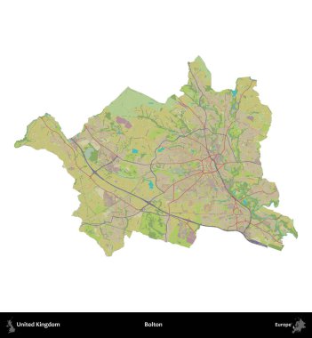 Bolton. Birleşik Krallık 'ın idari alanı bir OpenStreetMap İnsani Harita stili haritasında beyaza izole edildi