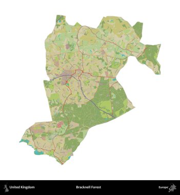 Bracknell Ormanı. Birleşik Krallık 'ın idari alanı bir OpenStreetMap İnsani Harita stili haritasında beyaza izole edildi
