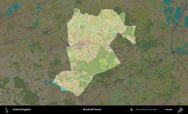 Bracknell Ormanı. Birleşik Krallık 'ın idari alanı karanlık bir OpenStreetMap İnsani Haritası biçiminde vurgulanmış ve özetlenmiştir