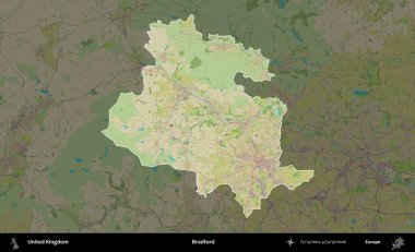 Bradford. Birleşik Krallık 'ın idari alanı karanlık bir OpenStreetMap İnsani Haritası biçiminde vurgulanmış ve özetlenmiştir