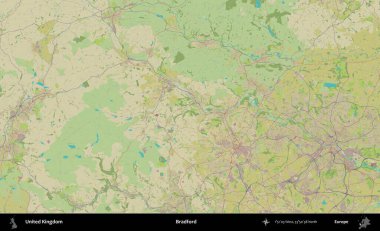 Bradford. Birleşik Krallık 'ın idari alanı bir OpenStreetMap İnsani Biçim haritası üzerinde