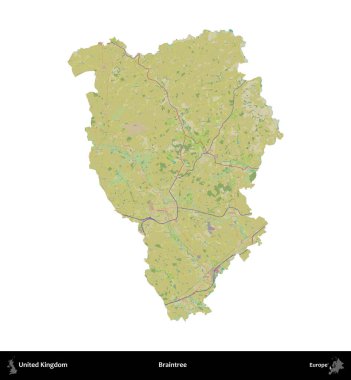 Braintree. Birleşik Krallık 'ın idari alanı bir OpenStreetMap İnsani Harita stili haritasında beyaza izole edildi