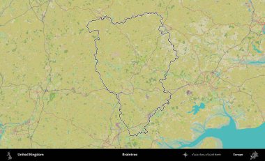 Braintree. Birleşik Krallık 'ın bir OpenStreetMap İnsani Biçim haritasında özetlenmiş idari alanı