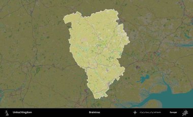 Braintree. Birleşik Krallık 'ın idari alanı karanlık bir OpenStreetMap İnsani Haritası biçiminde vurgulanmış ve özetlenmiştir