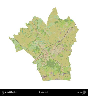 Brentwood 'da. Birleşik Krallık 'ın idari alanı bir OpenStreetMap İnsani Harita stili haritasında beyaza izole edildi