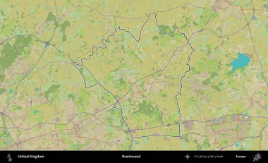 Brentwood 'da. Birleşik Krallık 'ın bir OpenStreetMap İnsani Biçim haritasında özetlenmiş idari alanı
