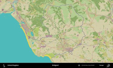 Bridgend. Birleşik Krallık 'ın bir OpenStreetMap İnsani Biçim haritasında özetlenmiş idari alanı