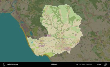 Bridgend. Birleşik Krallık 'ın idari alanı karanlık bir OpenStreetMap İnsani Haritası biçiminde vurgulanmış ve özetlenmiştir