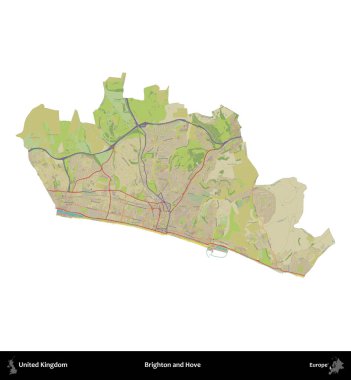 Brighton ve Hove. Birleşik Krallık 'ın idari alanı bir OpenStreetMap İnsani Harita stili haritasında beyaza izole edildi