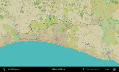 Brighton ve Hove. Birleşik Krallık 'ın bir OpenStreetMap İnsani Biçim haritasında özetlenmiş idari alanı