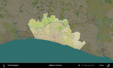 Brighton ve Hove. Birleşik Krallık 'ın idari alanı karanlık bir OpenStreetMap İnsani Haritası biçiminde vurgulanmış ve özetlenmiştir